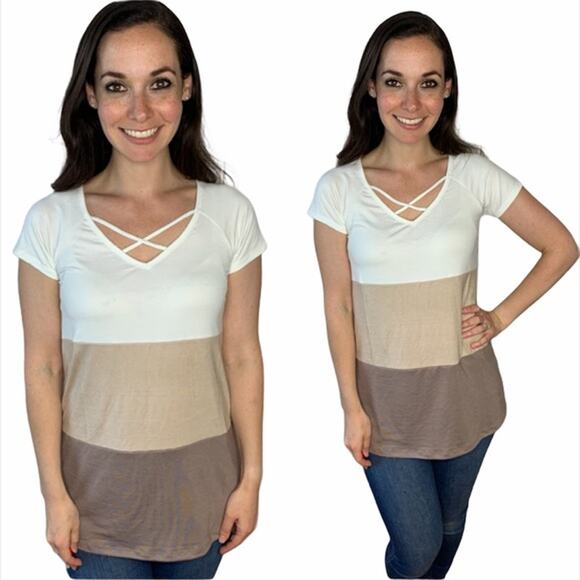 Short sleeve color block tan white medium - Picture 5 of 9